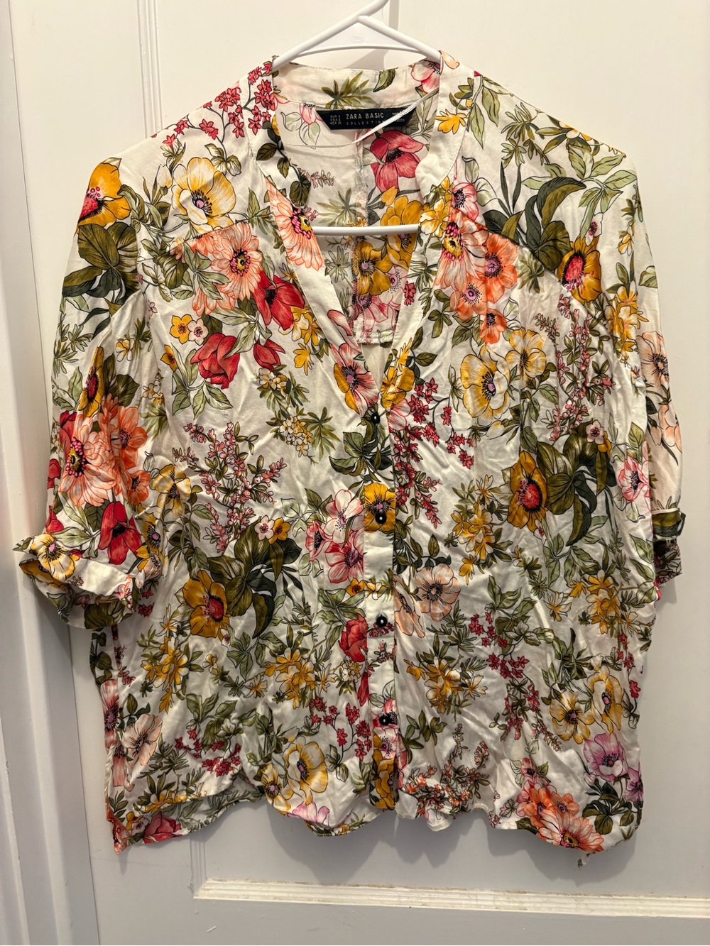 Zara White Floral Button-Back Shirt with Multicolor Blooms